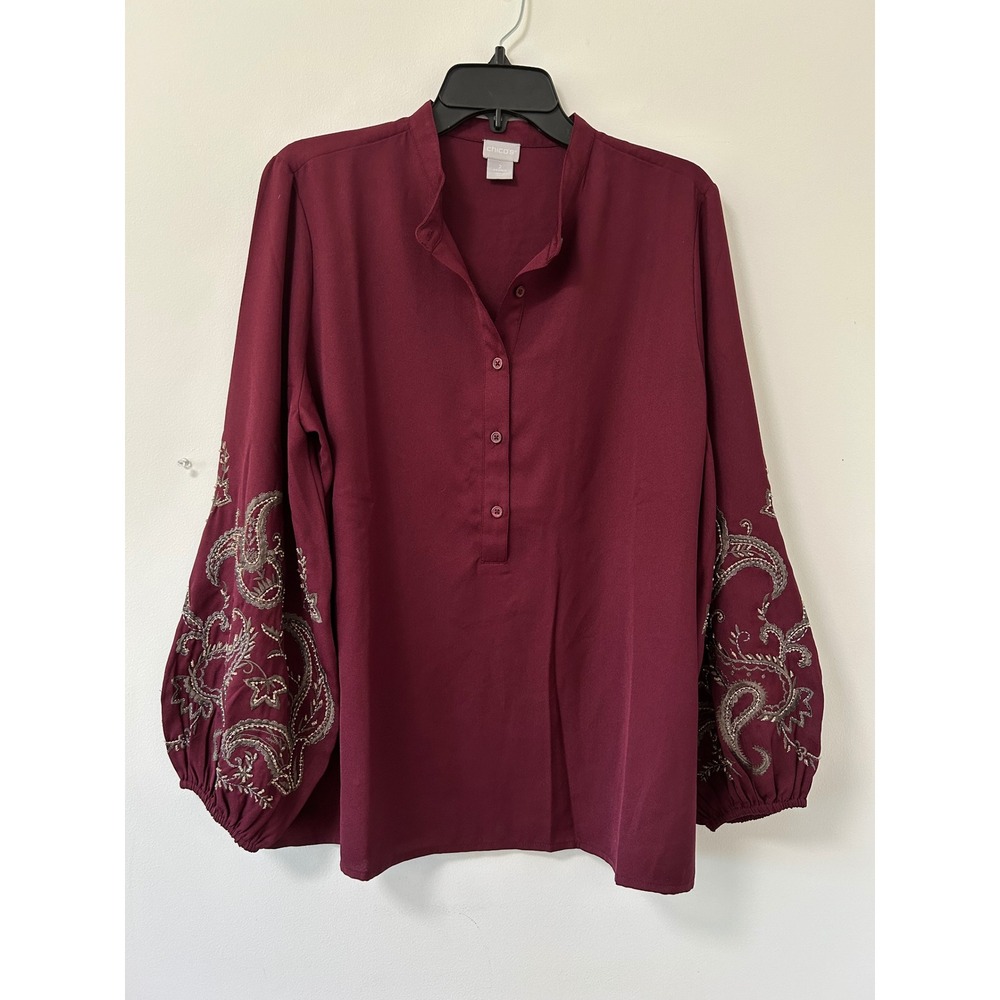 Chico's Paisley Embroidered Sleeve Blouse Womens 2 Burgundy Bohemian Top